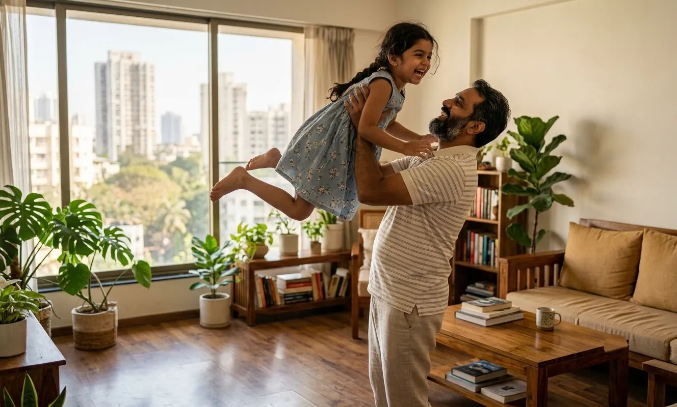 Father lifting his laughing daughter into the air at home