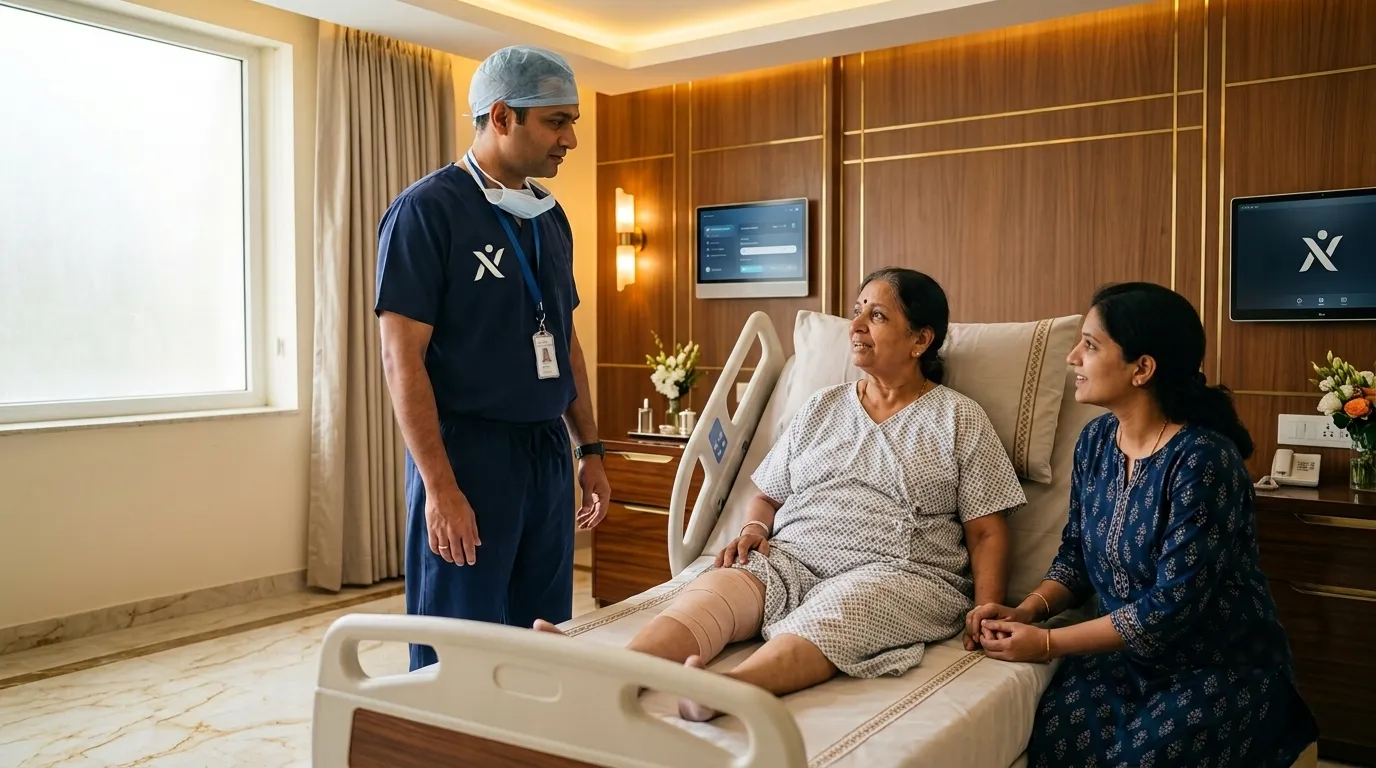 Surgeon talking with a patient and her daughter on a post-operative round