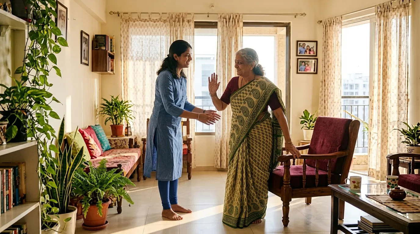 Woman standing and sharing a high five with her daughter at home