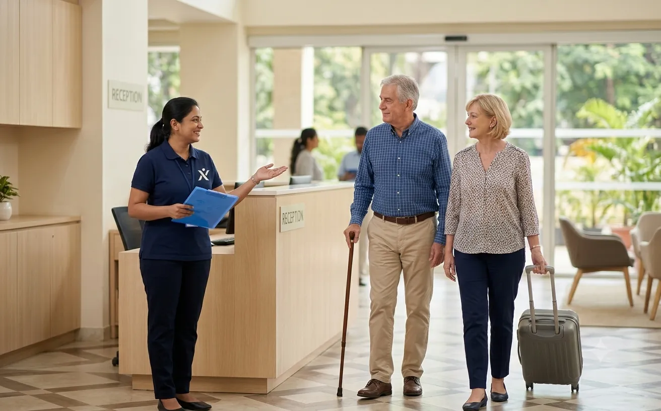 Patient coordinator welcoming an overseas couple at reception