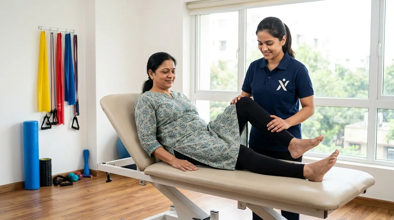 Physiotherapist guiding a patient through knee bends after knee replacement