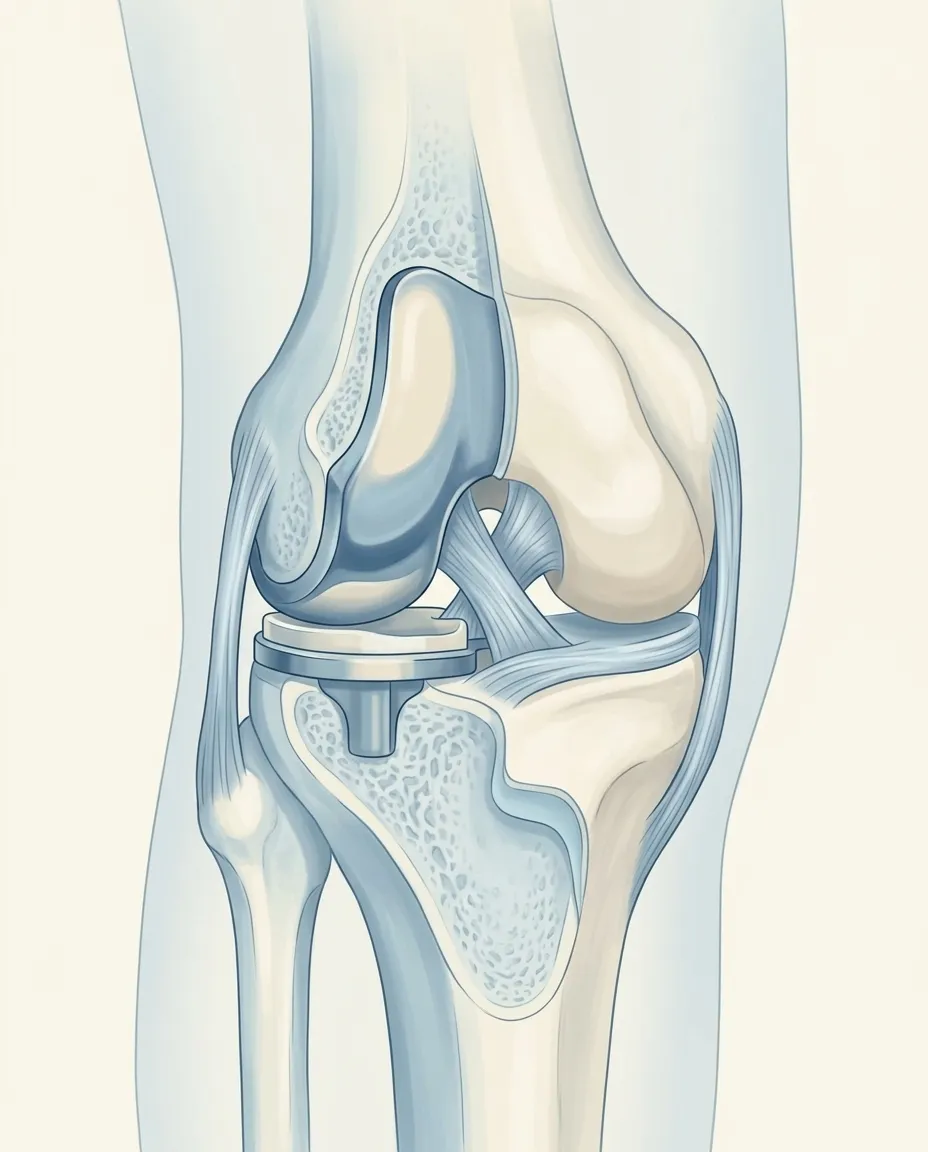 Illustration of a partial knee replacement, with one side of the joint resurfaced and the ligaments kept