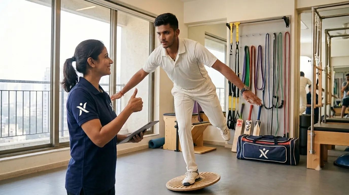 Cricketer balancing on a wobble board while a physiotherapist gives a thumbs up