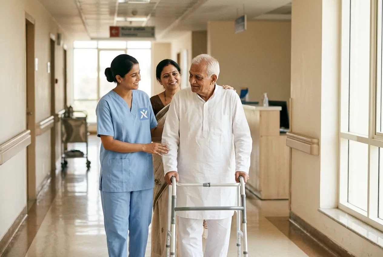 Older man walking with a frame in a hospital corridor, with a physiotherapist and his daughter